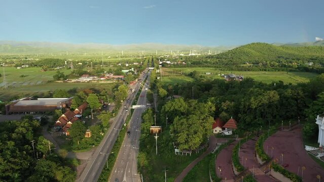 Aerial view The Rainbow and Kruba Srivichai statue at Wat Doi Ti the old history temple in Lumphun, Thailand.