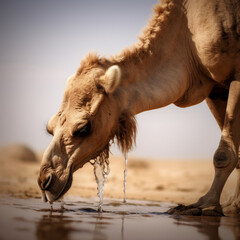 a close up of a camel drinking water, wretched camel, camel, camels, desert photography, ride horse in saharan, arabic pronunciation: barren sands, thirst, desert oasis background,