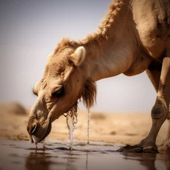 Foto op Plexiglas a close up of a camel drinking water, wretched camel, camel, camels, desert photography, ride horse in saharan, arabic pronunciation: barren sands, thirst, desert oasis background, © OMAR