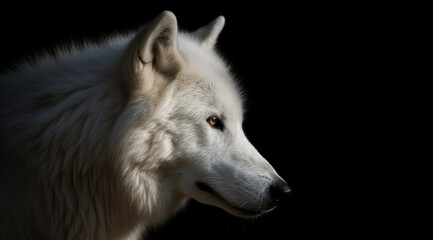 White wolf on a black background, created with Generative AI technology.