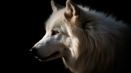 White wolf on a black background, created with Generative AI technology.