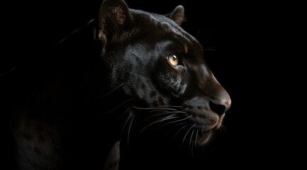 Black panther on a black background, created with Generative AI technology. - obrazy, fototapety, plakaty