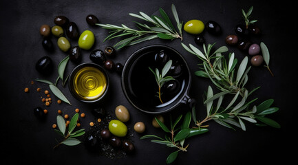 Obraz na płótnie Canvas A bottle of olive oil and olives on a black table, created with Generative AI technology.