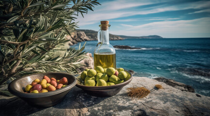 A bottle of olive oil and olives on a stone with a seascape in the background, created using Generative AI technology.