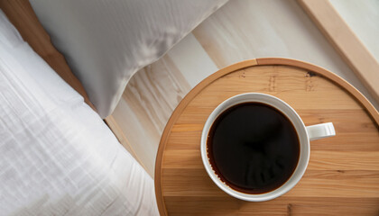 Fototapeta na wymiar Cup of coffee on wooden night stand near bed in morning, top view. Space for text