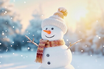 Merry christmas and happy new year greeting card with smiling joyful snowman on winter background