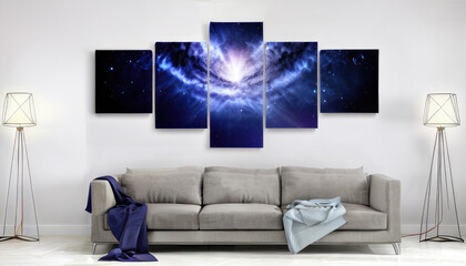 Cosmic rays wall decor above sofa in sitting room photorealistic