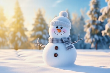 Obraz premium Merry christmas and happy new year greeting card with smiling joyful snowman on winter background
