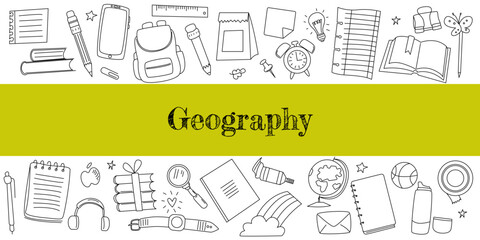 Vibrant back to school banner with playful doodles. Geography and education themes using linear drawings. Doodle style vector with editable stroke. Horizontal banner for geography