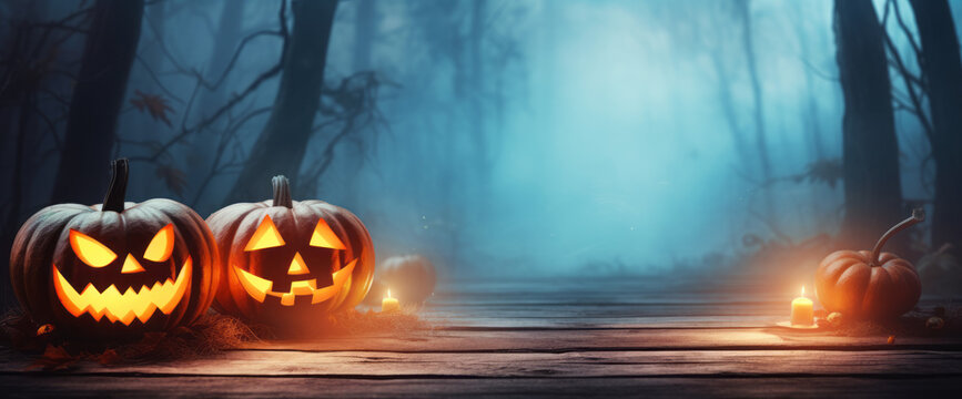 Halloween Pumpkins On Wood In A Spooky Forest At Night. Generative AI.