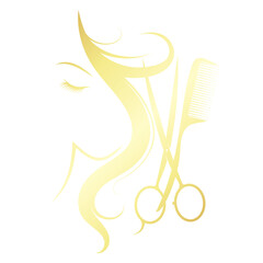 Golden silhouette of a girl with curls of hair and scissors