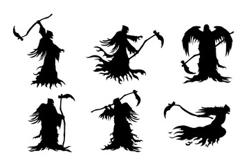 Angel of Death holding sickle with black wing in many actions. Silhouette character about the terror, game, Death god, hell, and Halloween theme.