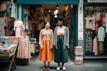 Obraz premium Two young women friends enjoy shopping in the heart of the city.