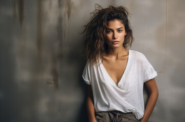Fototapeta premium Multicultural female model leaning against a wall in an empty room. Generative AI.
