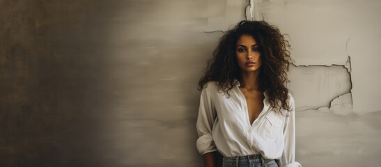 Fototapeta premium Multicultural female model leaning against a wall in an empty room. Generative AI.