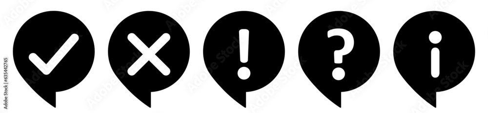Poster Thinking circle icon set-check mark, cross, X mark, exclamation point, question mark and information mark vector. Tick, cross, cut, exclamatory, question and info mark set in thinking circle black.