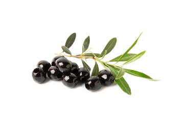 Tasty black olives with leaves isolated on white background. Vegan. Design.