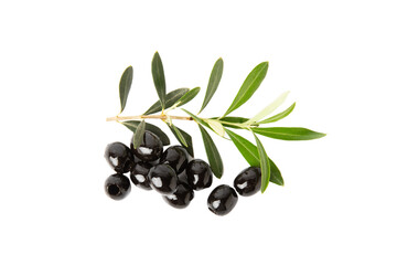 Tasty black olives with leaves isolated on white background. Vegan. Design.