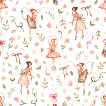 Pattern with ballerina girls in ballet position on white background. Watercolor hand-drawn seamless texture with cartoon ballet dancers, flowers and ribbons.