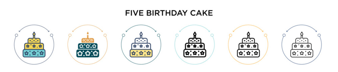 Five birthday cake icon in filled, thin line, outline and stroke style. Vector illustration of two colored and black five birthday cake vector icons designs can be used for mobile, ui, web