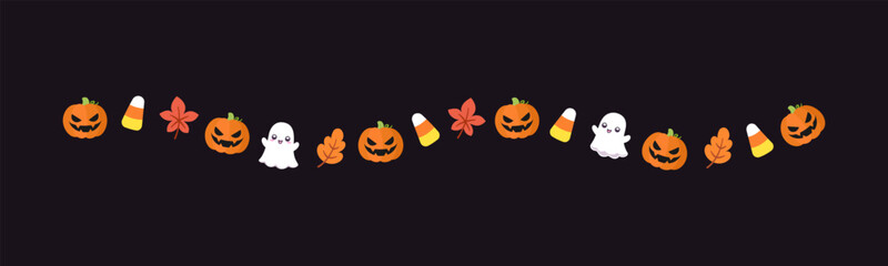 Separator Border illustration line of cute ghost, jack o lanterns, trick or treat icon pattern for Halloween day concept of autumn season