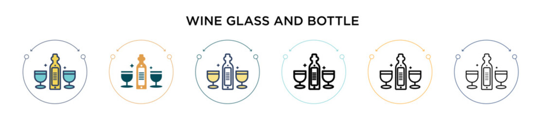 Wine glass and bottle icon in filled, thin line, outline and stroke style. Vector illustration of two colored and black wine glass and bottle vector icons designs can be used for mobile, ui, web