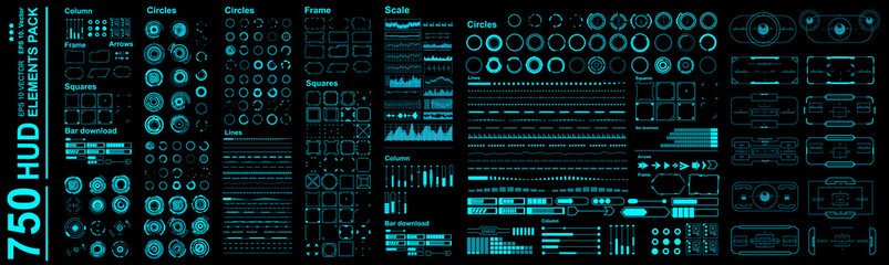 Big set of Futuristic HUD elements. Virtual graphical user interface. Mega set of HUD, GUI, UI elements. Circles, charts, frames, targets, signs - obrazy, fototapety, plakaty