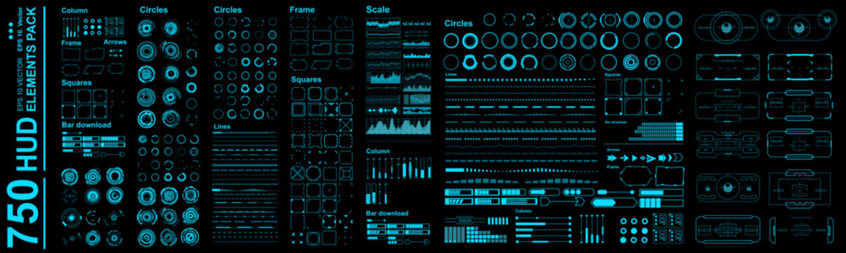 Big set of Futuristic HUD elements. Virtual graphical user interface. Mega set of HUD, GUI, UI elements. Circles, charts, frames, targets, signs