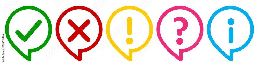 Fototapete set of outline thinking circle icons- check mark, cross, x mark, exclamation point, question mark an