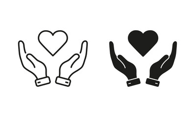 Peace Friendship, Emotional Support Symbol Collection. Love, Health, Charity, Care, Help Line and Silhouette Icon Set. Human Hand and Heart Shape Pictogram. Isolated Vector Illustration