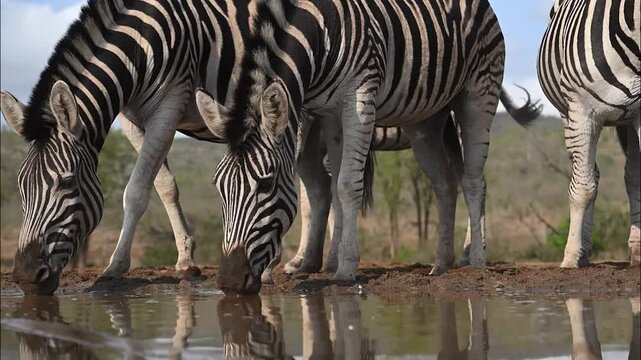 Cebras asustadizas bebiendo agua, &Aacute;frica