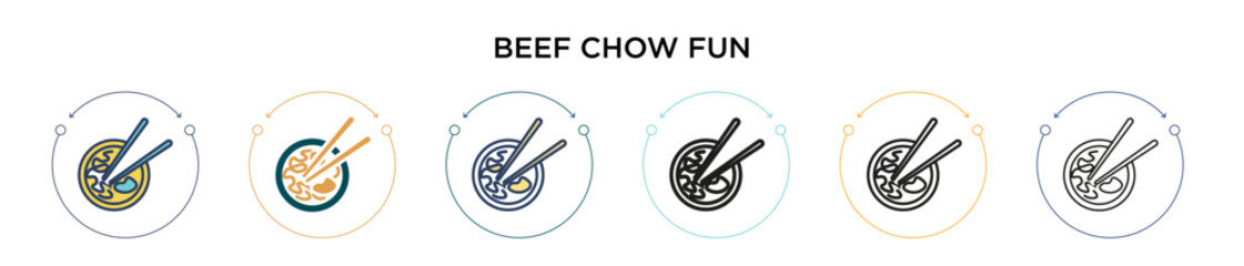 Beef chow fun icon in filled, thin line, outline and stroke style. Vector illustration of two colored and black beef chow fun vector icons designs can be used for mobile, ui, web