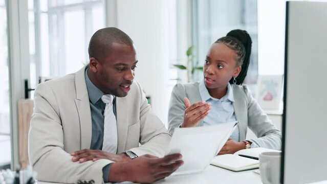 Computer, teamwork or manager coaching black man with documents for a collaboration in office. Paperwork, online or African businesswoman training, teaching or helping employee for digital research