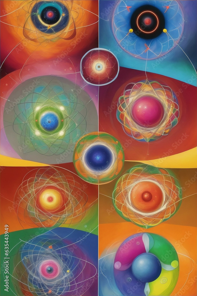 Wall mural dynamic illustration of detailed and colorful representation of a carbon atom at the center. image c