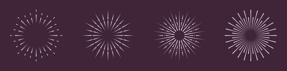 Abstract Sparkle Firework, Starburst. Sunburst, Circle Sun Burst Icon Set. Radial Light Pictogram. Vintage Decoration. Sunbeam, Round Ray, Sunrise Symbol Collection. Isolated Vector Illustration