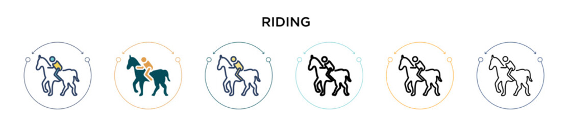 Riding icon in filled, thin line, outline and stroke style. Vector illustration of two colored and black riding vector icons designs can be used for mobile, ui, web