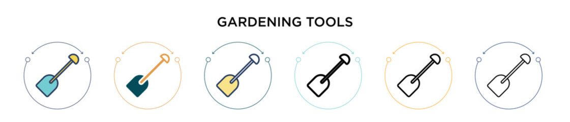 Gardening tools icon in filled, thin line, outline and stroke style. Vector illustration of two colored and black gardening tools vector icons designs can be used for mobile, ui, web