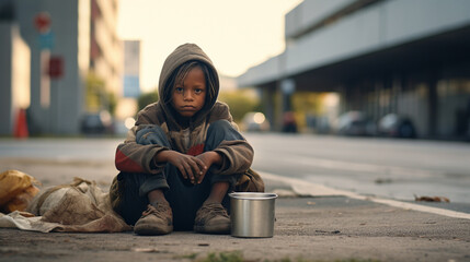 A homeless child sits and asks for food, the problem of hunger, drought, poverty