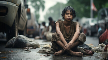 A homeless child sits and asks for food, the problem of hunger, drought, poverty - obrazy, fototapety, plakaty