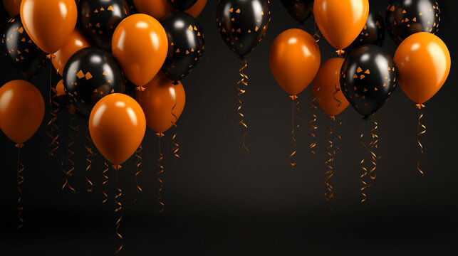 Black and orange balloons on a black background, banner for Halloween, a place for text