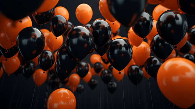 Black and orange balloons on a black background, banner for Halloween, a place for text