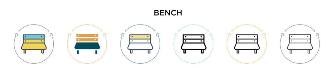 Bench icon in filled, thin line, outline and stroke style. Vector illustration of two colored and black bench vector icons designs can be used for mobile, ui, web