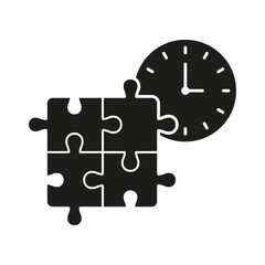 Jigsaw Pieces and Watch, Idea Countdown Silhouette Icon. Puzzle with Time, Urgency Solution Glyph Pictogram. Deadline to Find Teamwork Strategy Solid Sign. Isolated Vector Illustration