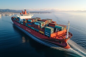 Fototapeta premium Global logistic trade portrayed by aerial container ship view on international open sea Generative AI