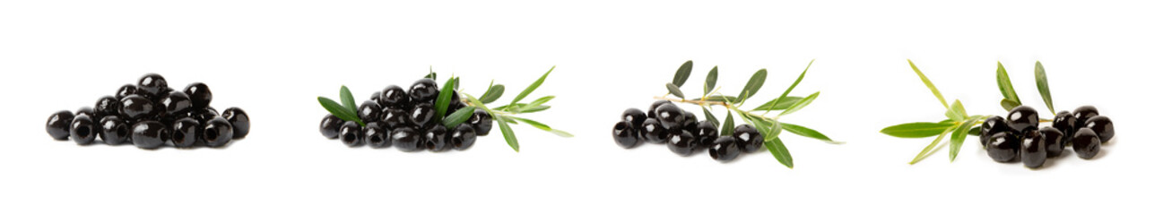 Tasty black olives with leaves isolated on white background. Vegan. Design.