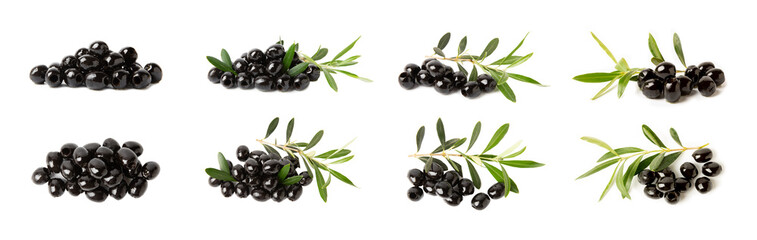 Tasty black olives with leaves isolated on white background. Vegan. Design.