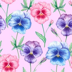 Seamless pattern with flowers. Multicolored pansies with green leaves on a pink background. Painted with watercolor by hand. Design for fabric, wrapping paper, cover.