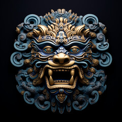 Ancient Metal Lion Sculpture with Intense Gaze, Captured on a Dark Background, generative ai