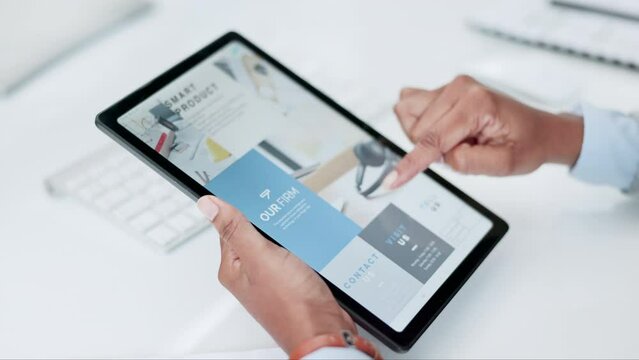 Website design, creative and hands with a tablet for the internet, research or working on a project. About us, business and a person or employee with technology, digital app or information on agency