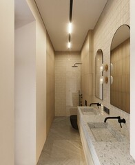 3D visualization of a modern bathroom interior. Shower zone. Modern interior
